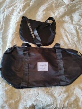 2 pieces Black overnight Gym travel & crossbody Bag Zip Closure Adjustable Strap